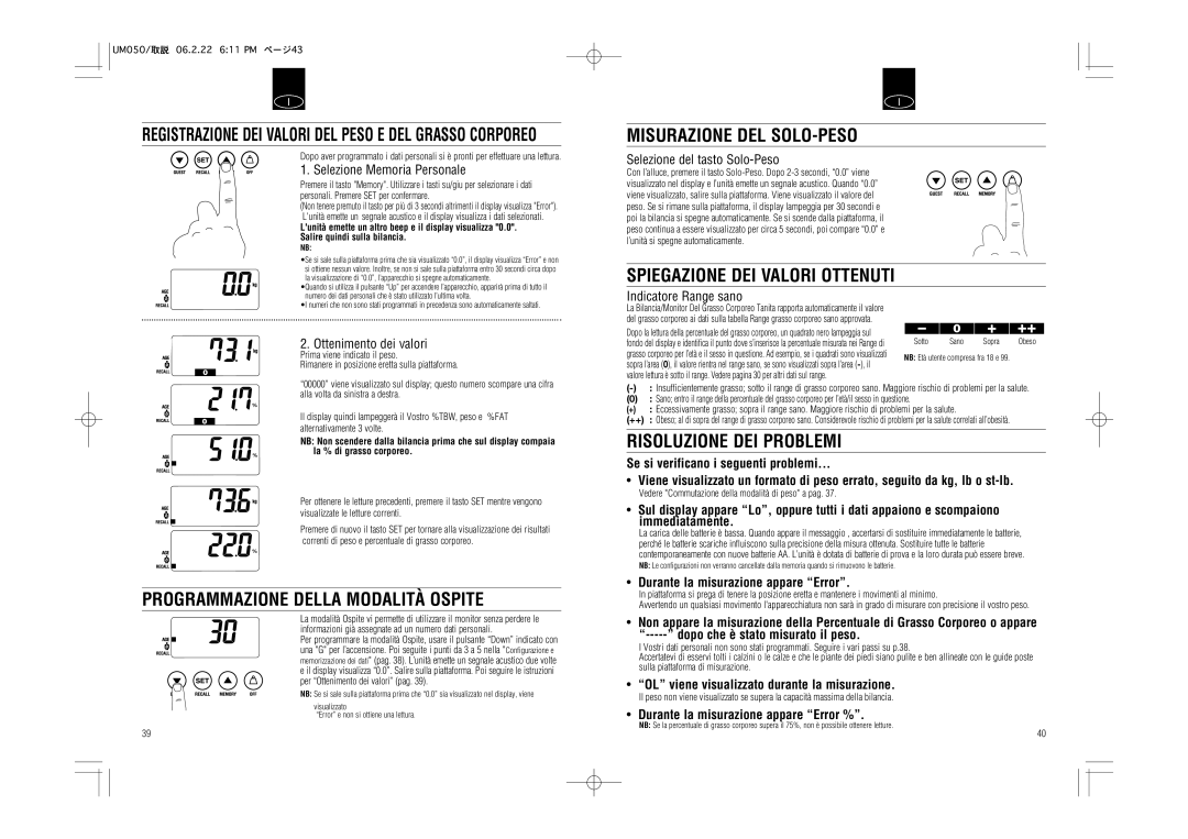 Tanita UM-050 Misurazione DEL SOLO-PESO, Spiegazione DEI Valori Ottenuti, Programmazione Della Modalità Ospite 