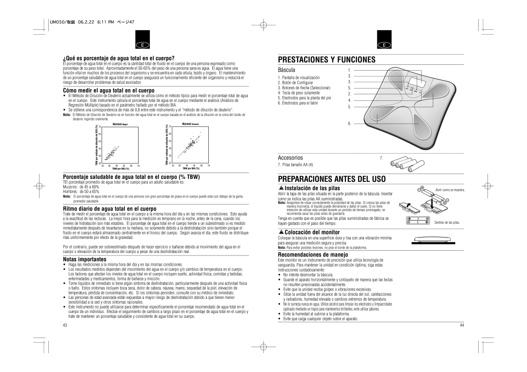 Tanita UM-050 instruction manual Prestaciones Y Funciones, Preparaciones Antes DEL USO 