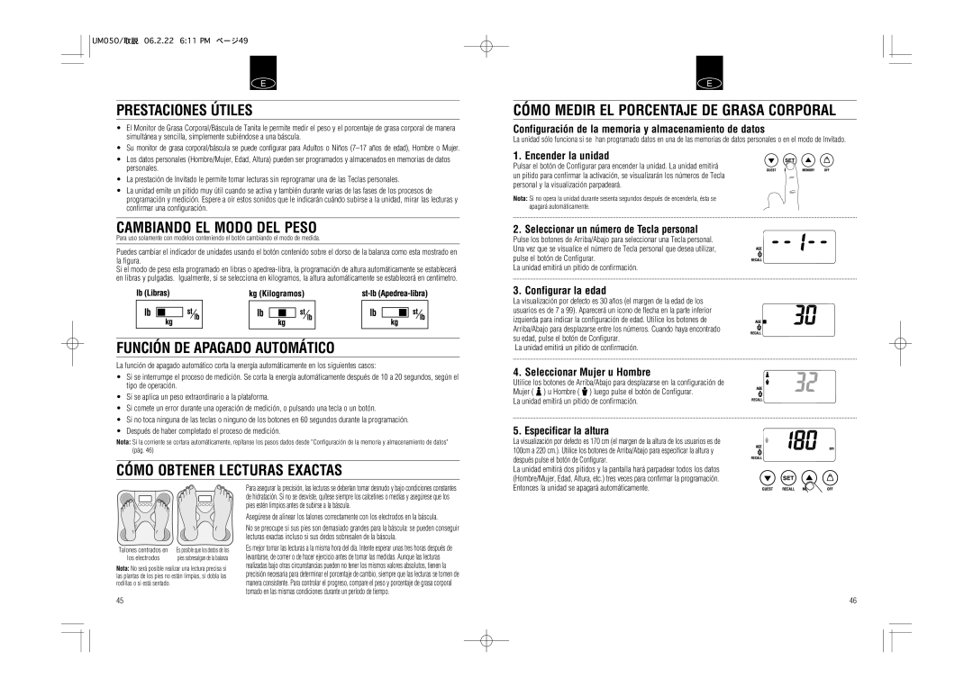 Tanita UM-050 instruction manual Prestaciones Útiles, Cambiando EL Modo DEL Peso, Función DE Apagado Automático 