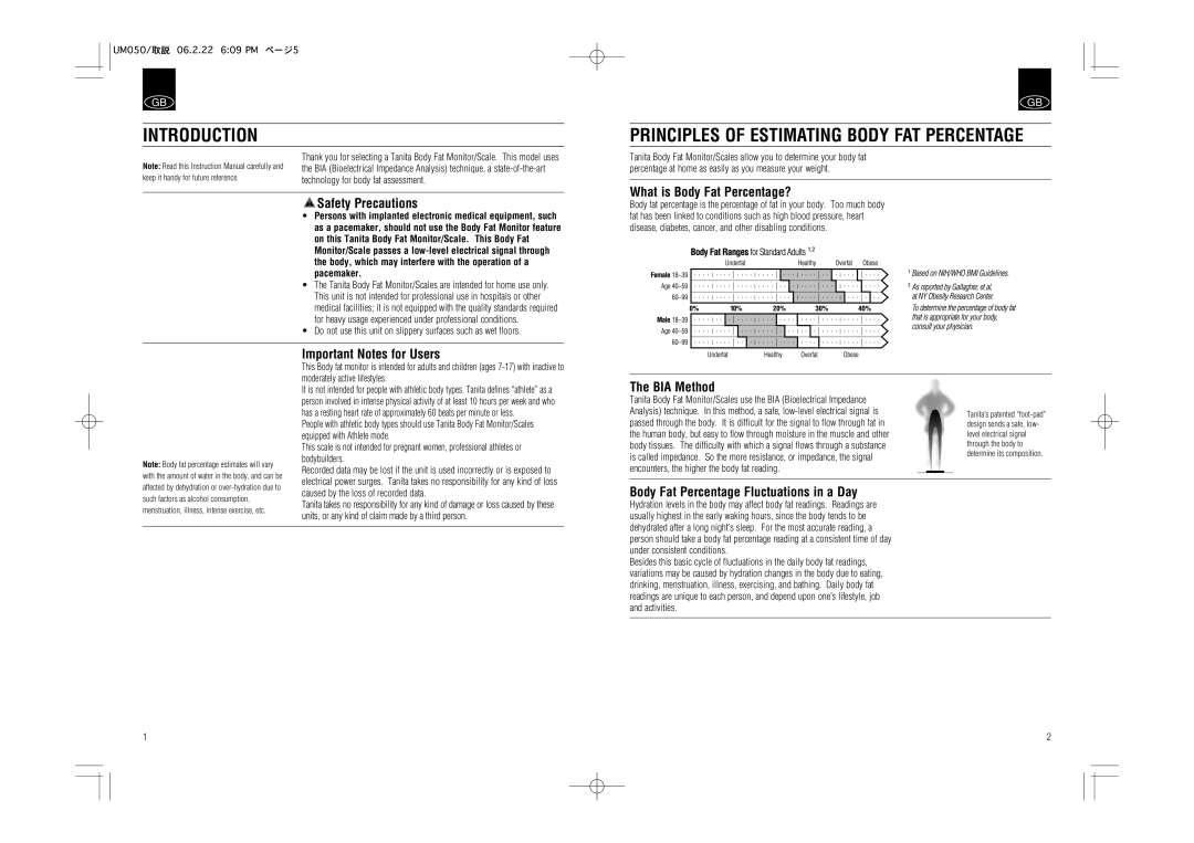 Tanita UM-050 instruction manual Introduction, Principles of Estimating Body FAT Percentage 