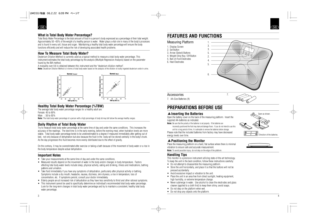 Tanita UM-050 instruction manual Features and Functions, Preparations Before USE 