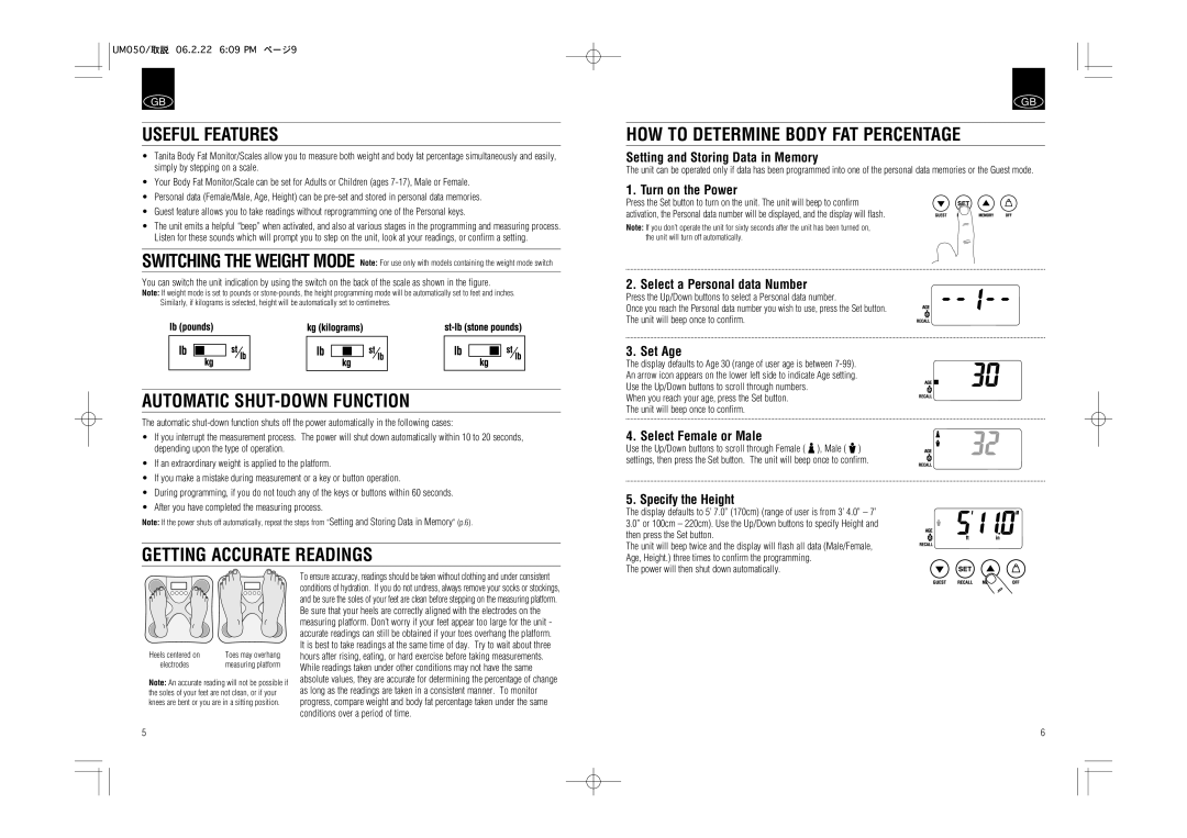 Tanita UM-050 instruction manual Useful Features, Automatic SHUT-DOWN Function 