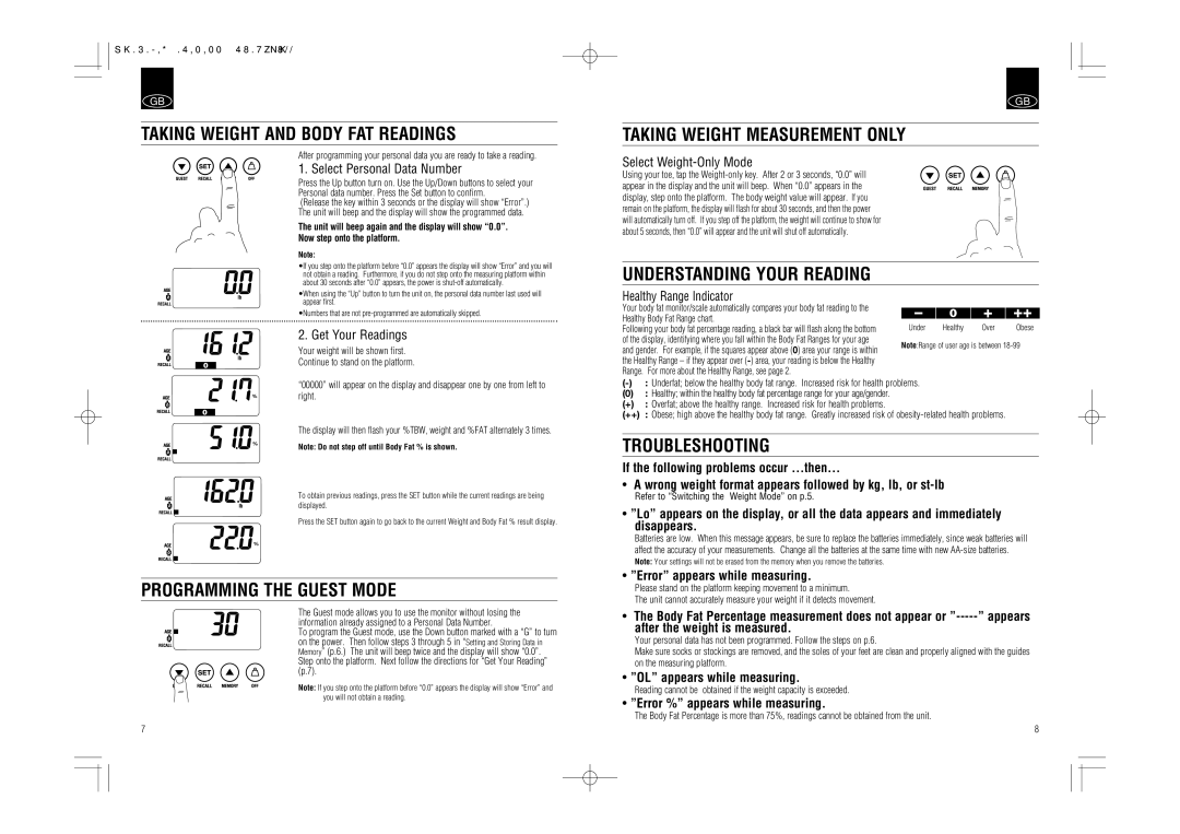 Tanita UM-050 Taking Weight and Body FAT Readings, Taking Weight Measurement only, Understanding Your Reading 