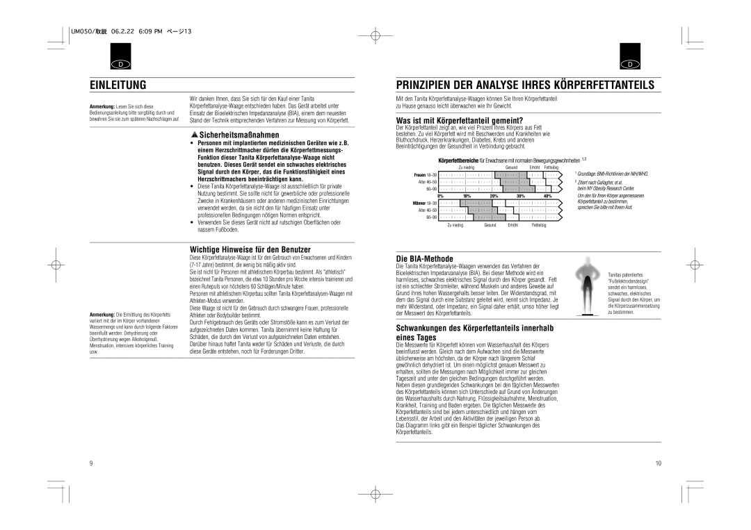 Tanita UM-050 instruction manual Einleitung, Prinzipien DER Analyse Ihres Körperfettanteils 