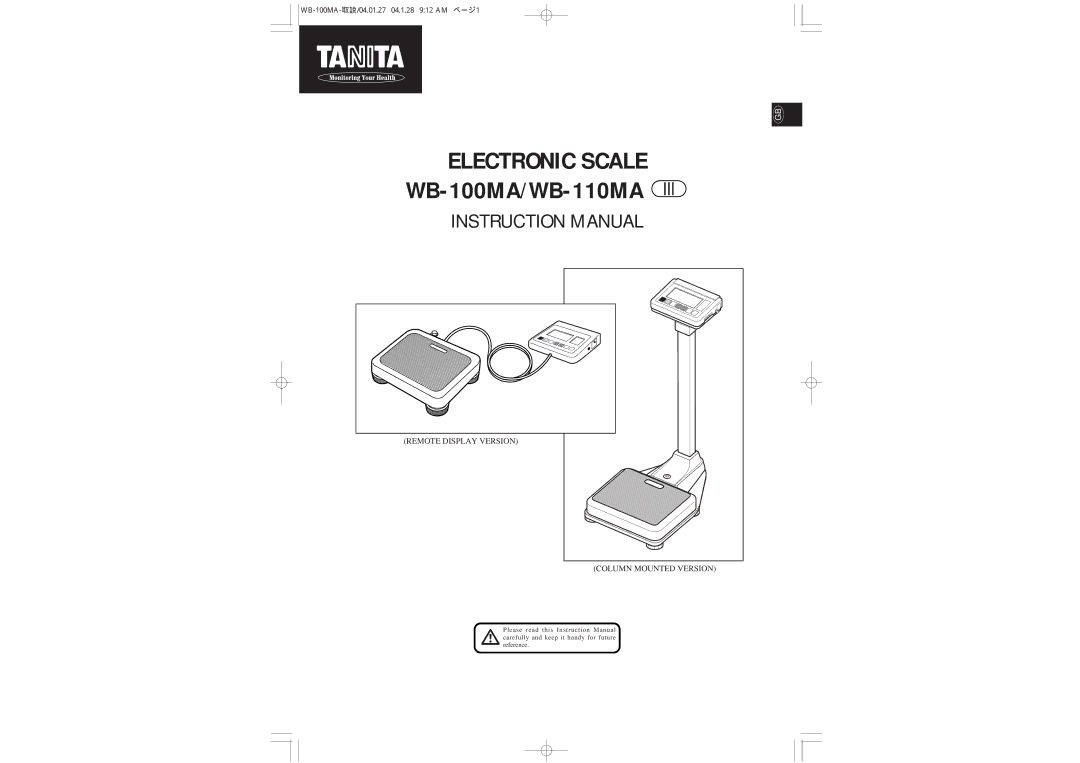 Tanita WB-110MA instruction manual Electronic Scale, WB-100MA-取説/04.01.27 04.1.28 912 AM ページ1 