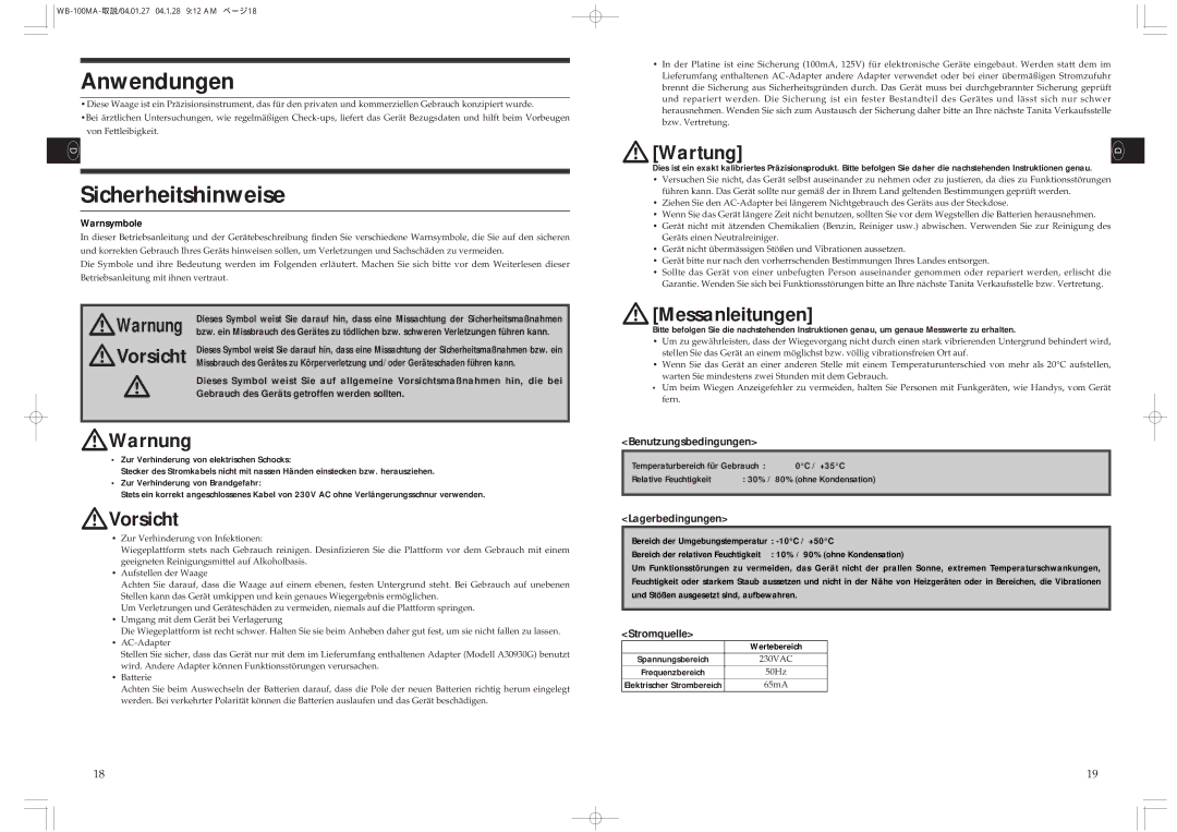 Tanita WB-100MA, WB-110MA instruction manual Anwendungen, Sicherheitshinweise, Warnsymbole 