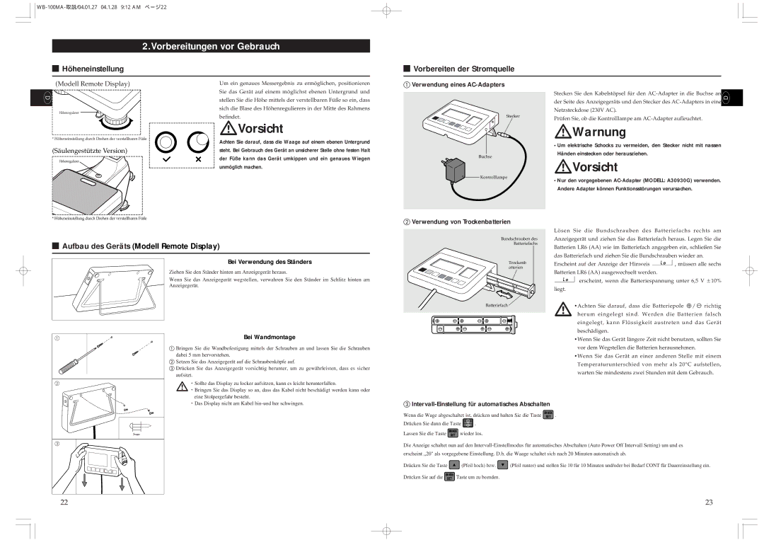 Tanita WB-100MA Vorbereitungen vor Gebrauch, Höheneinstellung Vorbereiten der Stromquelle, Verwendung eines AC-Adapters 