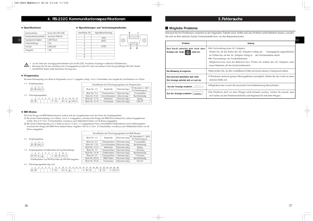 Tanita WB-100MA, WB-110MA instruction manual RS-232C Kommunikationsspezifikationen, Fehlersuche, Mögliche Probleme 