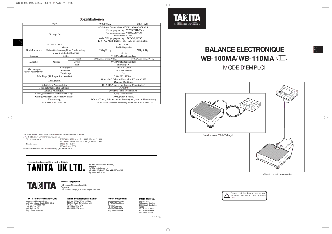Tanita WB-110MA, WB-100MA instruction manual Spezifikationen, Version Avec Téléaffichage Version à colonne montée 