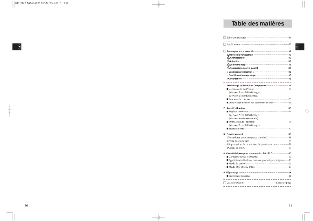 Tanita WB-100MA, WB-110MA Table des matières, Liste et signification des symboles utilisés, Version Avec Téléaffichage 