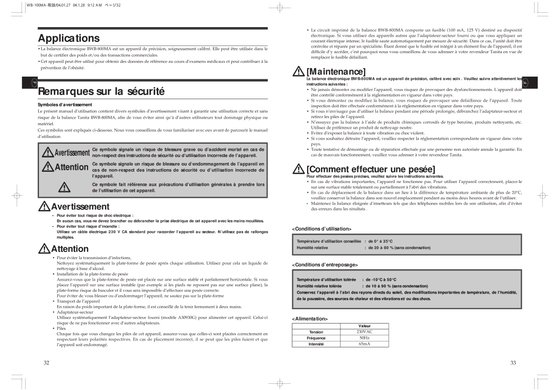 Tanita WB-110MA, WB-100MA instruction manual Remarques sur la sécurité, Symboles d’avertissement 