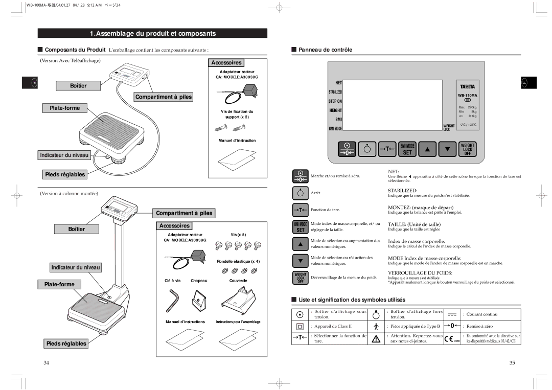 Tanita WB-100MA, WB-110MA instruction manual Assemblage du produit et composants 