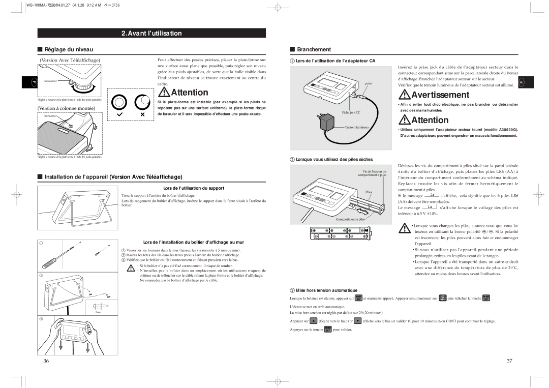 Tanita WB-110MA Avant lutilisation, Réglage du niveau Branchement, Installation de lappareil Version Avec Téléaffichage 