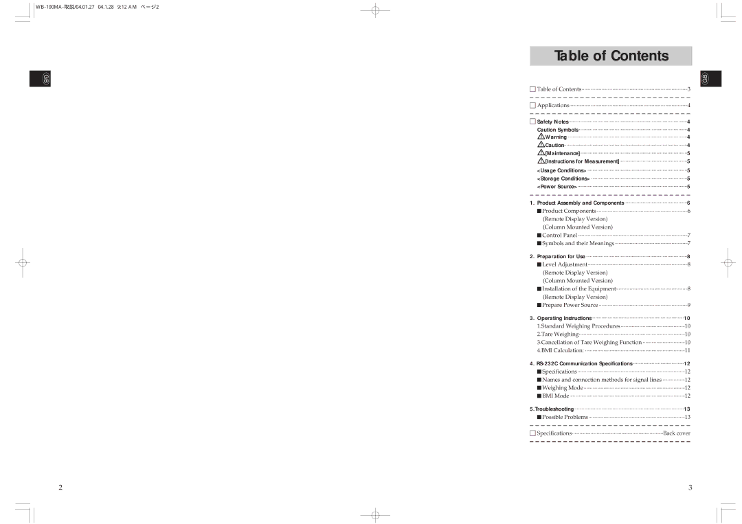 Tanita WB-100MA, WB-110MA instruction manual Table of Contents 