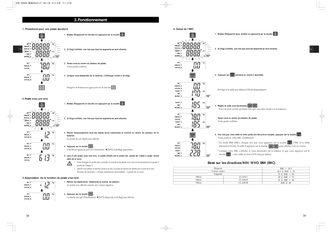 Tanita WB-100MA, WB-110MA instruction manual Fonctionnement, Basé sur les directives NIH/WHO BMI IMC 