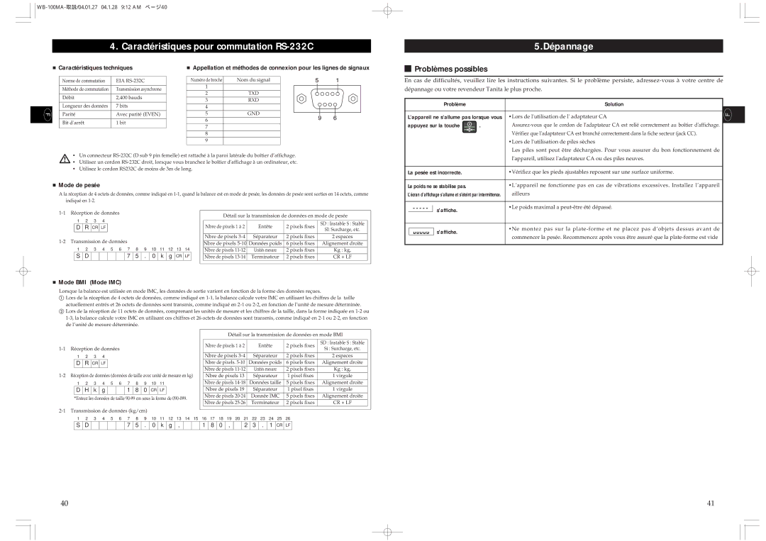 Tanita WB-110MA Caractéristiques pour commutation RS-232C Dépannage, Problèmes possibles, Caractéristiques techniques 