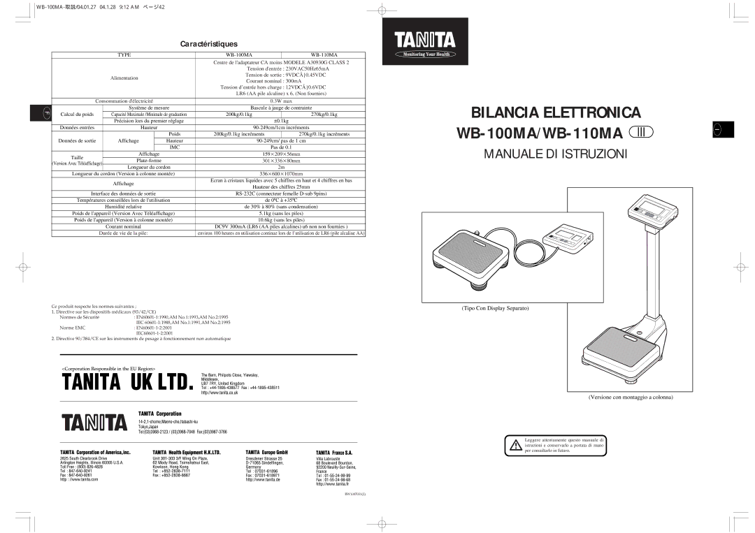 Tanita WB-100MA, WB-110MA instruction manual Caractéristiques, Tipo Con Display Separato Versione con montaggio a colonna 