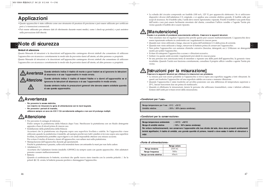 Tanita WB-100MA Applicazioni, Simboli di attenzione, Range temperatura per l’uso 0C / +35C Umidità relativa, Range valore 