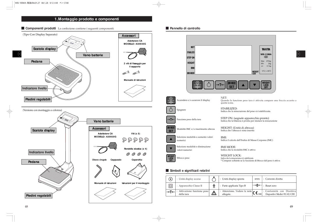 Tanita WB-110MA, WB-100MA Montaggio prodotto e componenti, Pannello di controllo, Simboli e significati relativi 