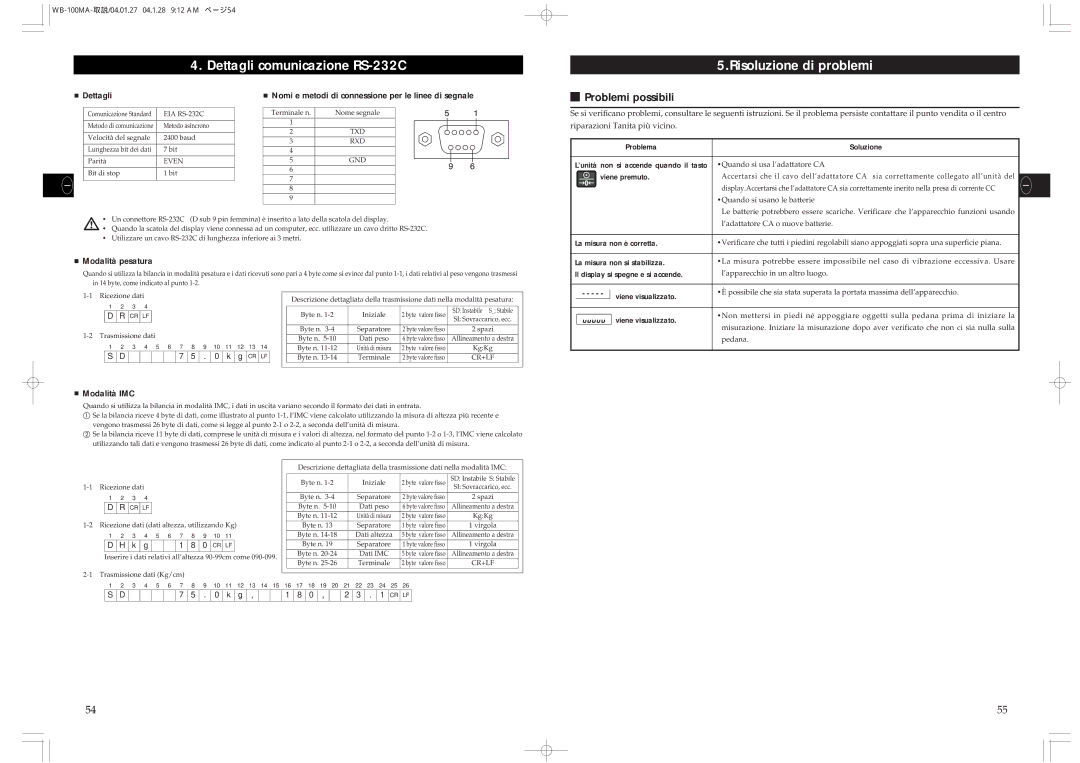 Tanita WB-100MA, WB-110MA instruction manual Dettagli comunicazione RS-232C Risoluzione di problemi, Problemi possibili 