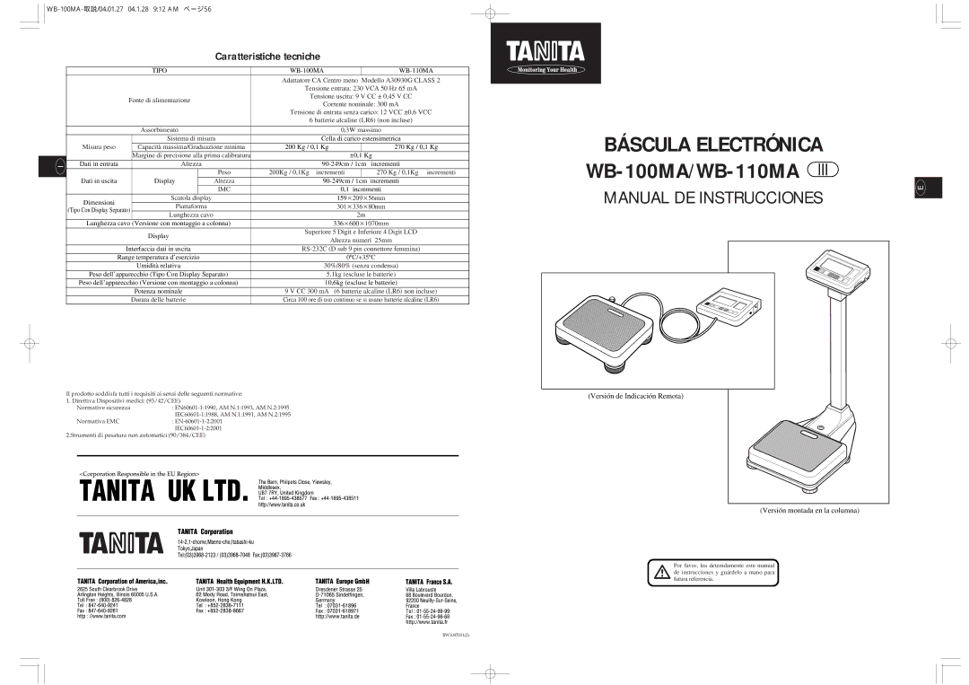 Tanita WB-110MA, WB-100MA Caratteristiche tecniche, Versión de Indicación Remota Versión montada en la columna 