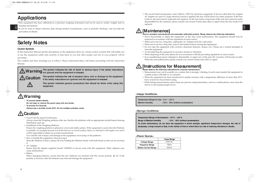 Tanita WB-110MA, WB-100MA Applications, Safety Notes, Temperature Range for Use 0C / +35C Relative Humidity, Value Range 