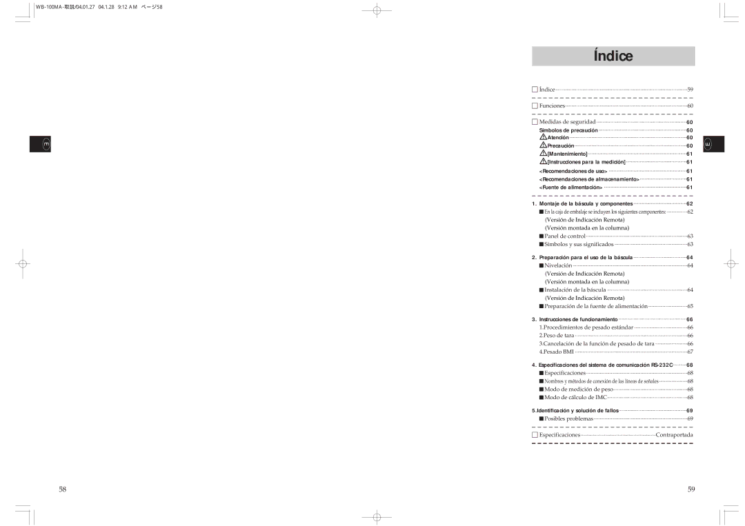 Tanita WB-110MA Índice, Cancelación de la función de pesado de tara, WB-100MA-取説/04.01.27 04.1.28 912 AM ページ58 