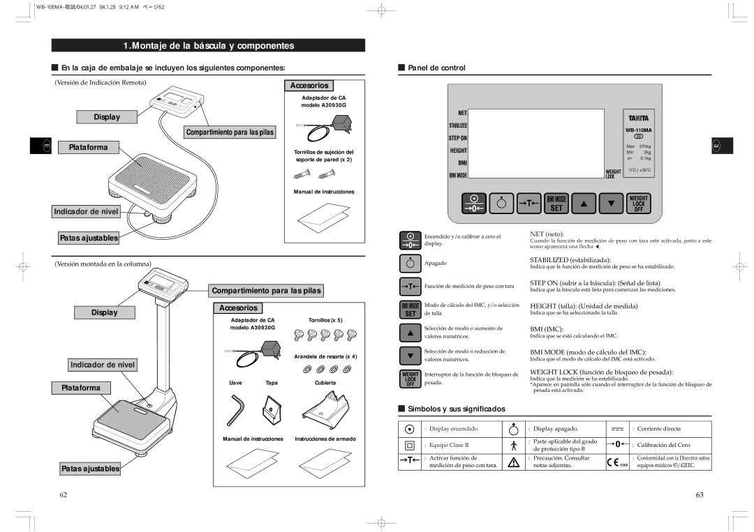 Tanita WB-100MA, WB-110MA instruction manual Montaje de la báscula y componentes 
