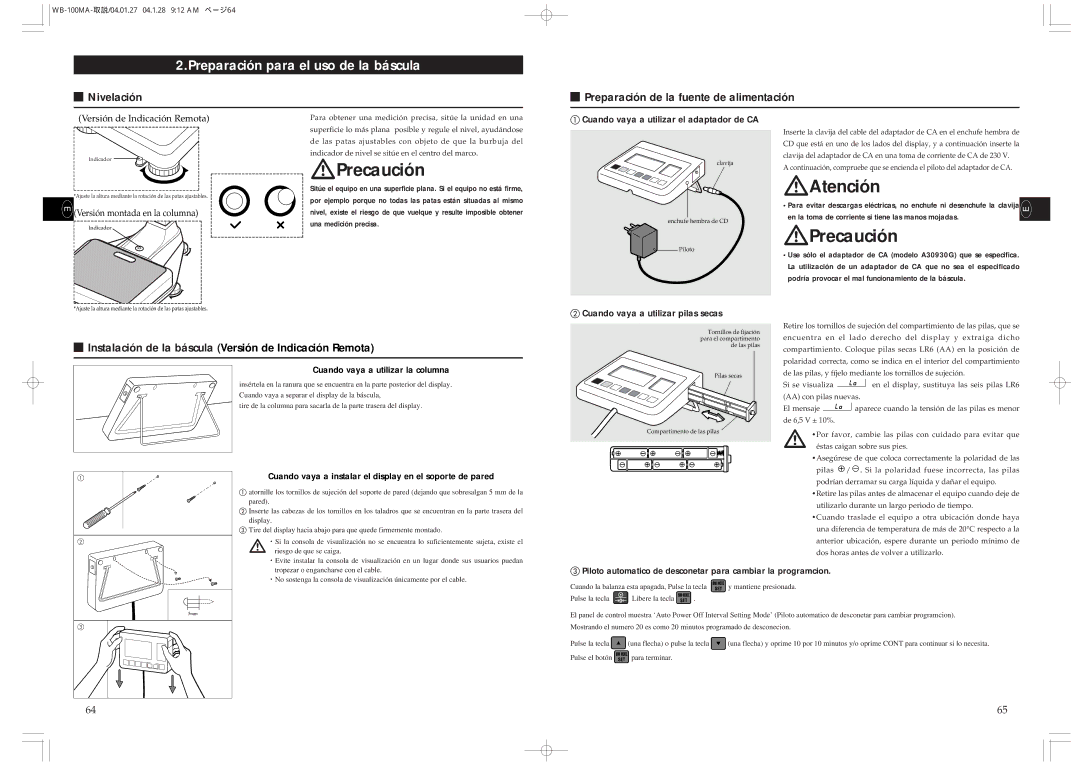 Tanita WB-110MA, WB-100MA Preparación para el uso de la báscula, Nivelación Preparación de la fuente de alimentación 