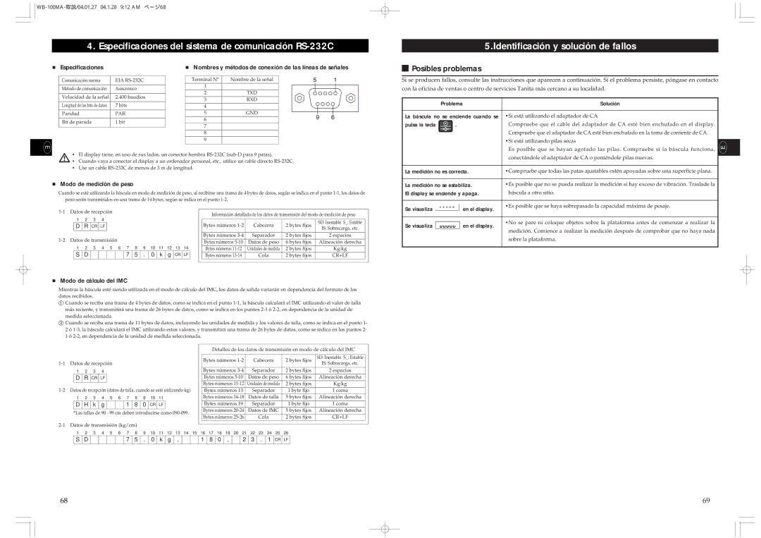 Tanita WB-110MA, WB-100MA Especificaciones del sistema de comunicación RS-232C, Identificación y solución de fallos 