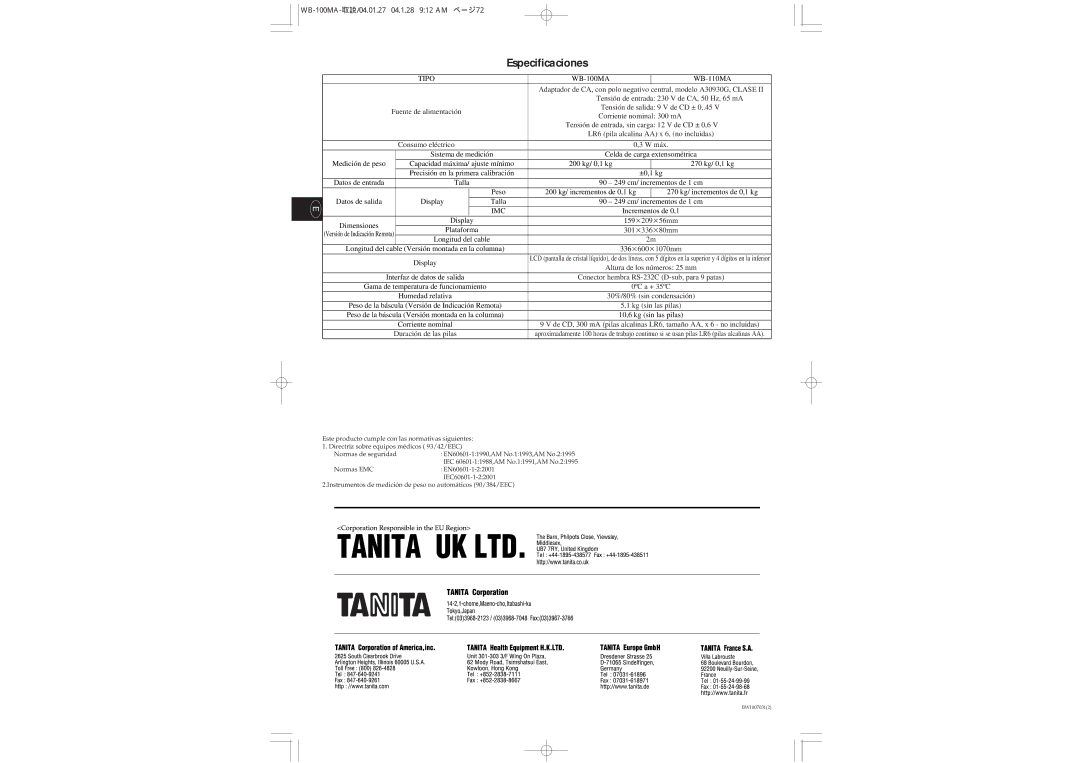 Tanita WB-110MA instruction manual Especificaciones, WB-100MA-取説/04.01.27 04.1.28 912 AM ページ72 