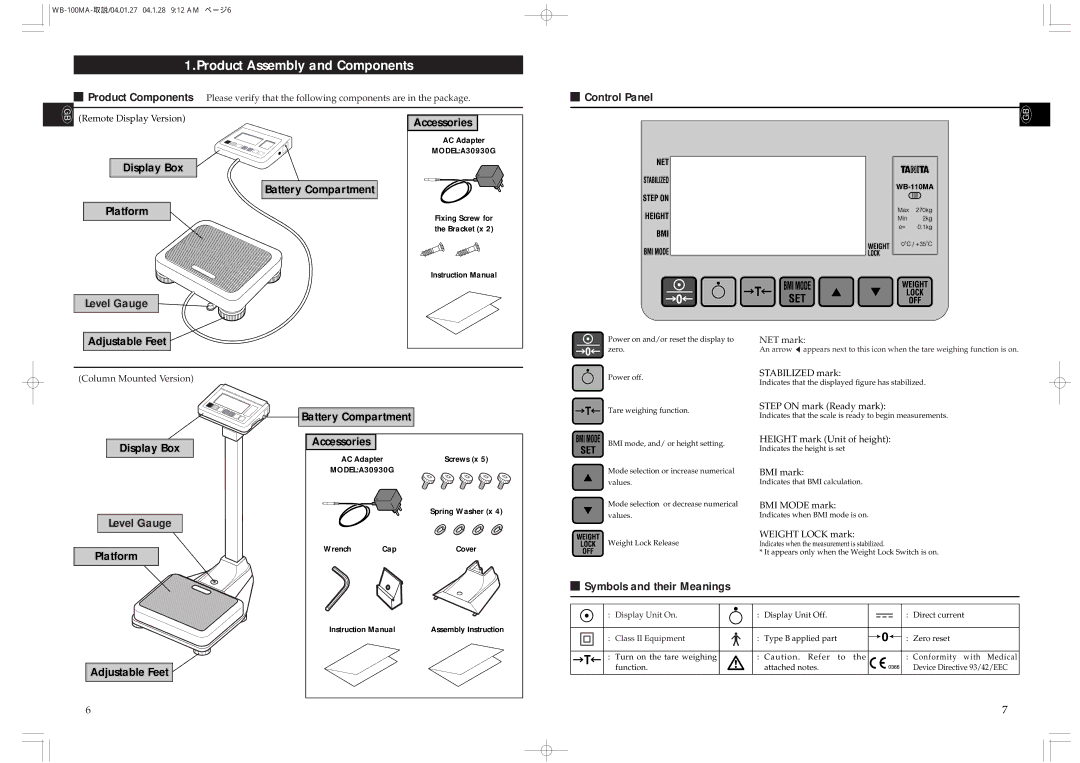 Tanita WB-100MA, WB-110MA instruction manual Product Assembly and Components, Control Panel, Adjustable Feet 