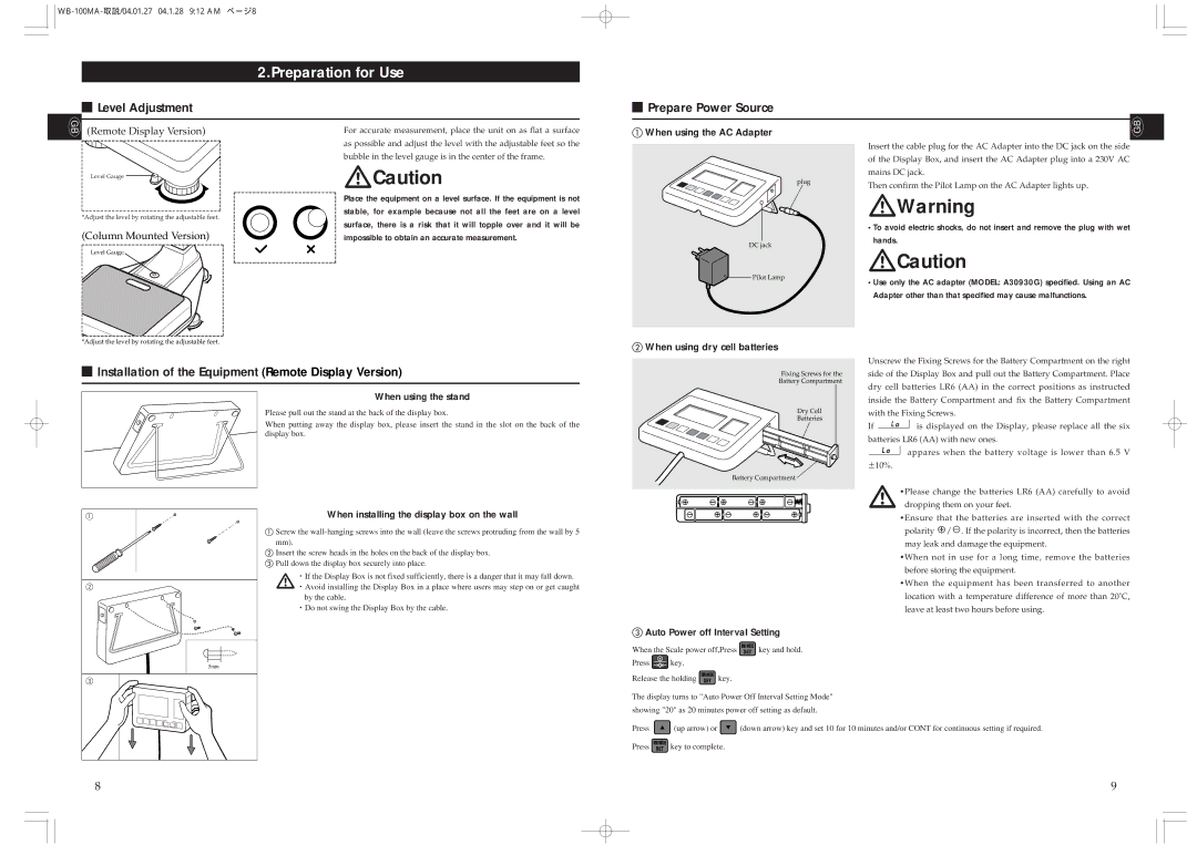 Tanita WB-110MA, WB-100MA Preparation for Use, Level Adjustment Prepare Power Source, When using the AC Adapter 