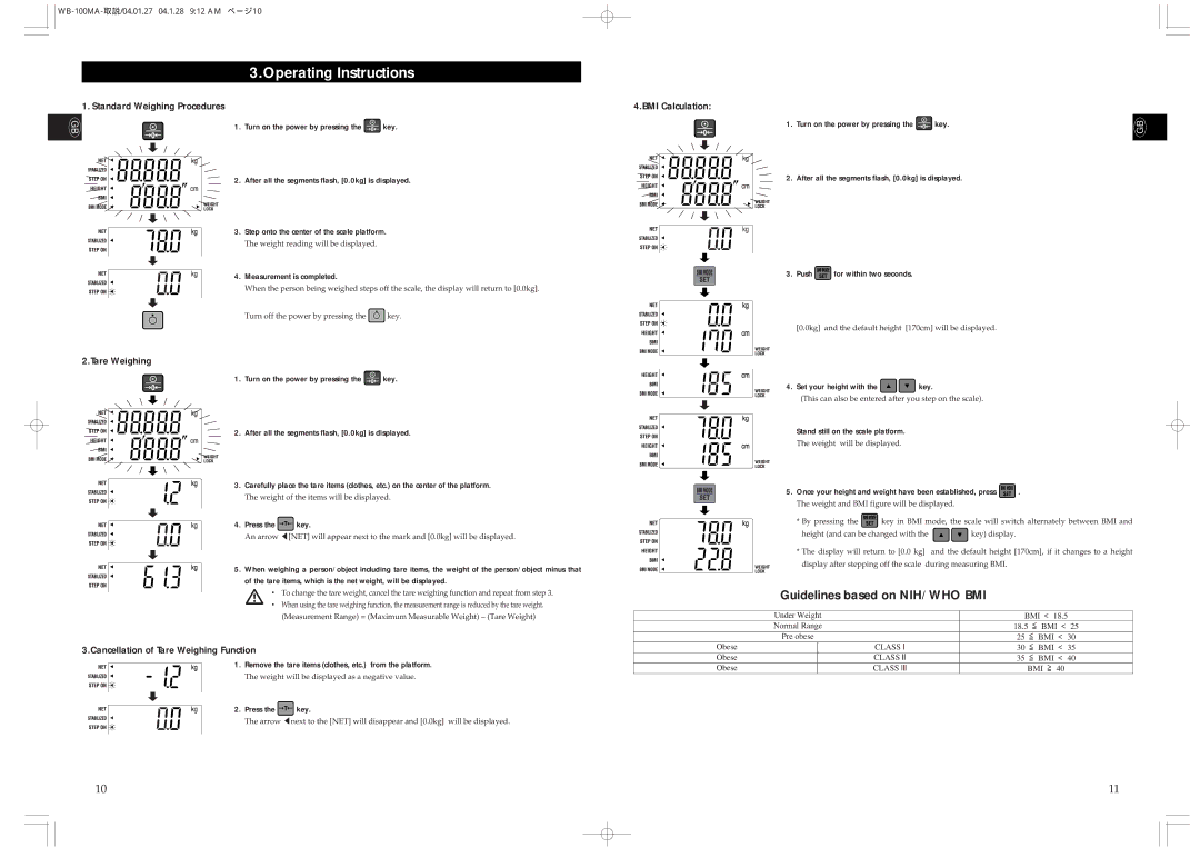 Tanita WB-100MA, WB-110MA instruction manual Operating Instructions, Guidelines based on NIH/WHO BMI 