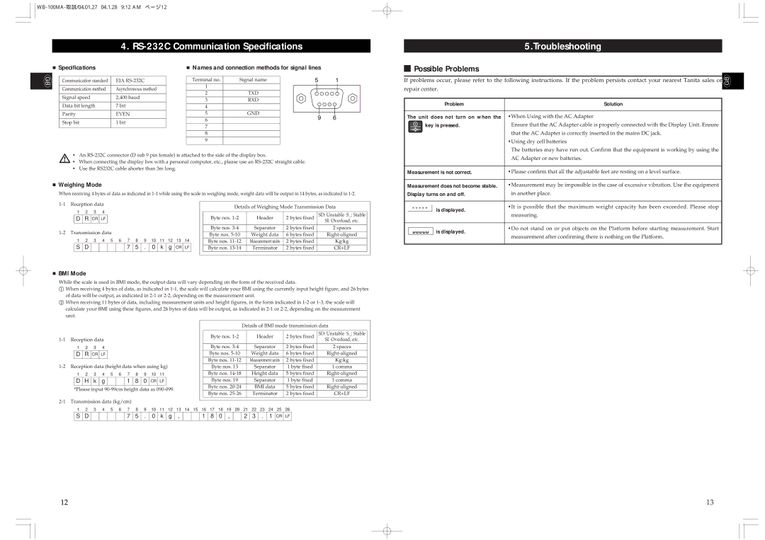 Tanita WB-110MA, WB-100MA instruction manual RS-232C Communication Specifications Troubleshooting, Possible Problems 