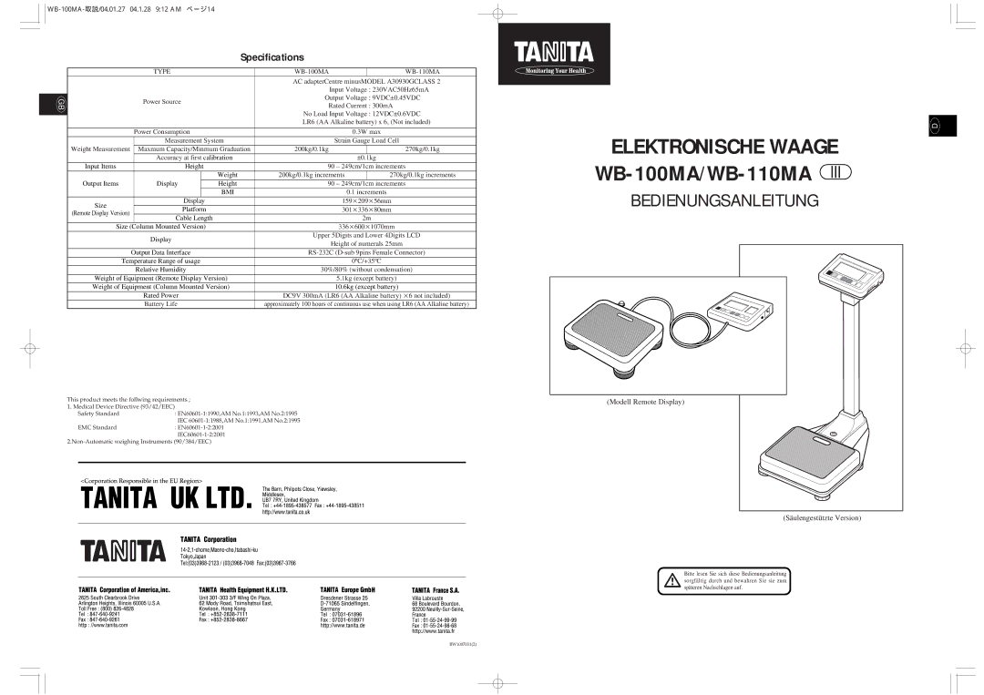 Tanita Specifications, Modell Remote Display Säulengestützte Version, WB-100MA-取説/04.01.27 04.1.28 912 AM ページ14 