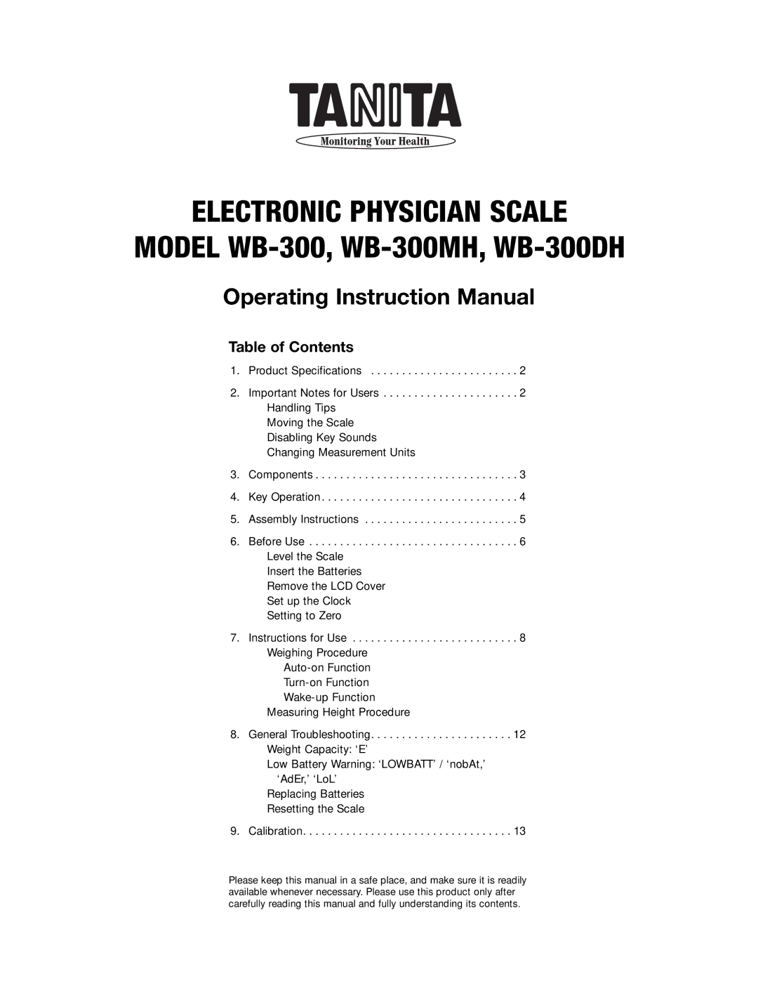 Tanita WB-300 instruction manual Electronic Physician Scale, Table of Contents 