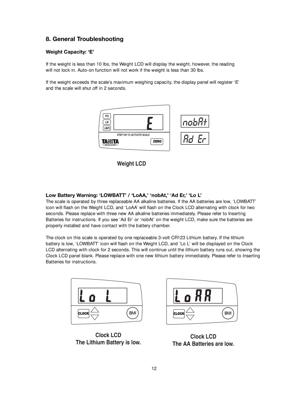 Tanita WB-300 instruction manual General Troubleshooting, Weight Capacity ‘E’ 