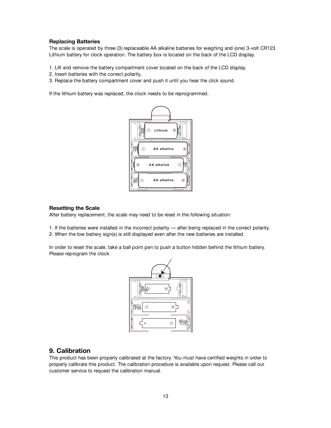 Tanita WB-300 instruction manual Calibration, Replacing Batteries, Resetting the Scale 