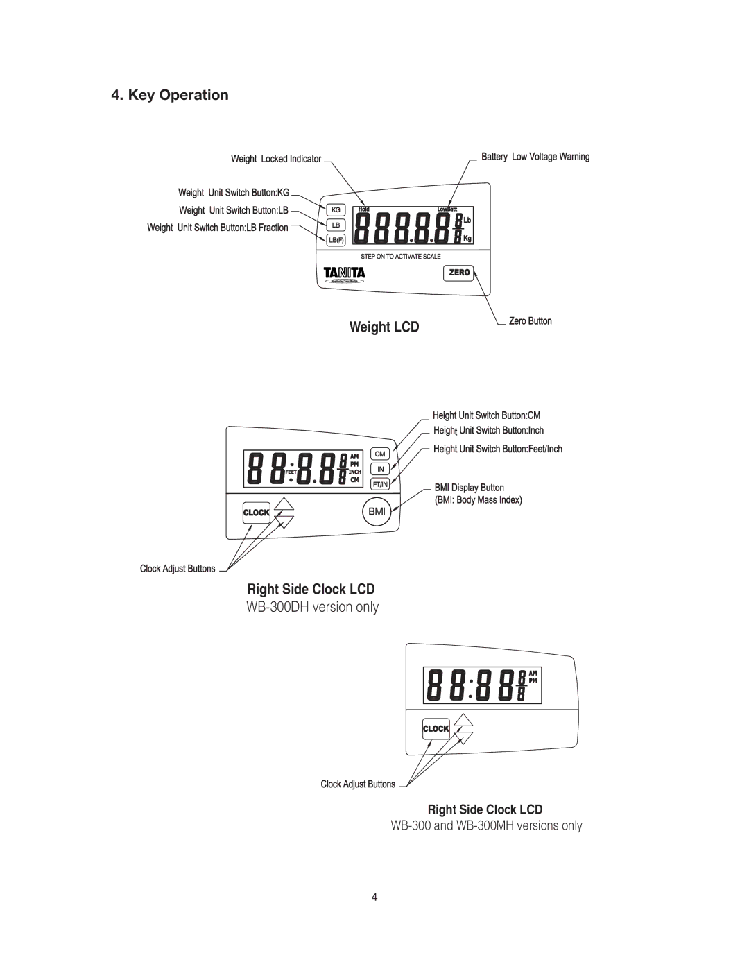 Tanita WB-300 instruction manual Key Operation Weight LCD Right Side Clock LCD 