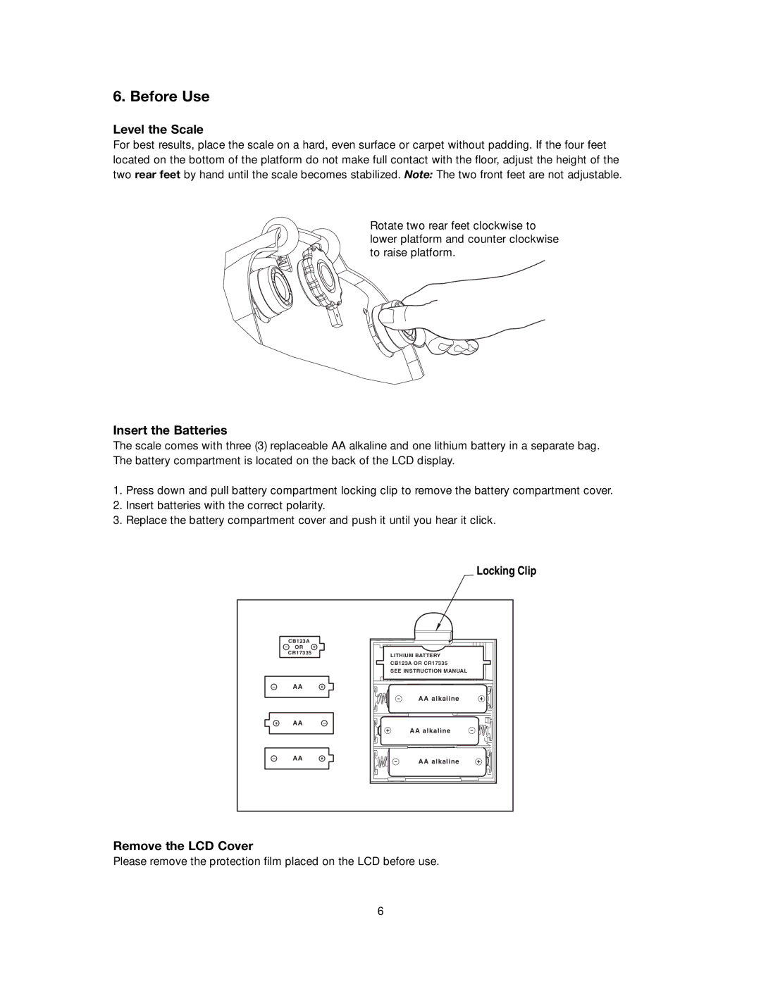 Tanita WB-300 instruction manual Before Use, Level the Scale, Insert the Batteries, Remove the LCD Cover 