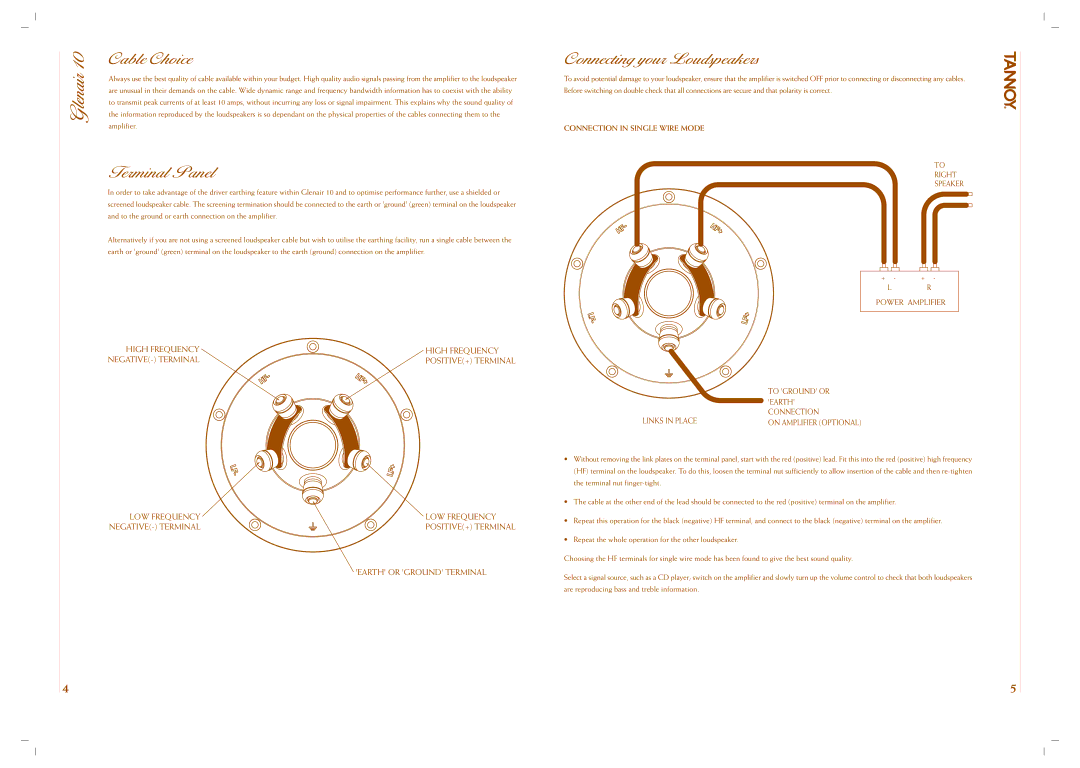 Tannoy 10 owner manual Cable Choice, Terminal Panel, Connecting your Loudspeakers, Connection in Single Wire Mode 