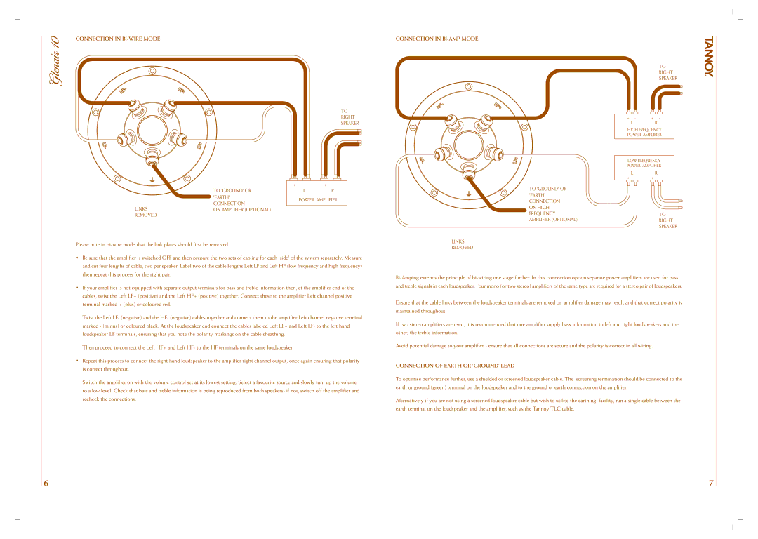 Tannoy 10 owner manual Connection in BI-WIRE Mode, Connection in BI-AMP Mode, Connection of Earth or ‘GROUND’ Lead 