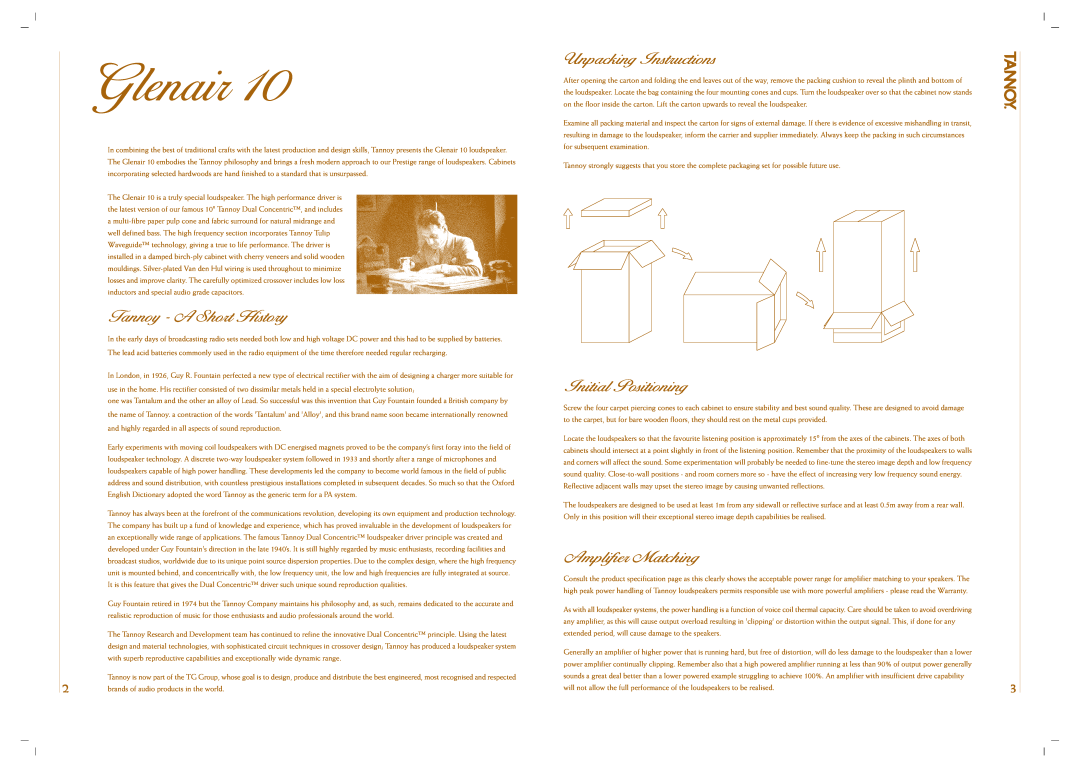 Tannoy 10 owner manual Tannoy - A Short History, Unpacking Instructions, Initial Positioning, Amplifier Matching 