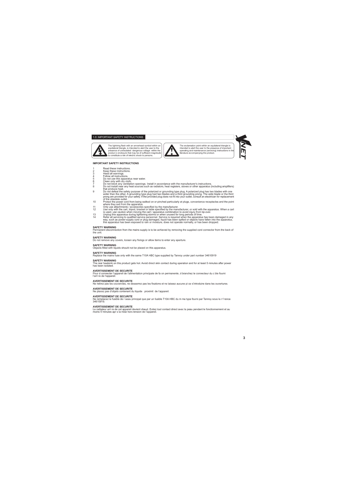 Tannoy 12 HP, 18DR, 15 HL, 300, 15BP owner manual Important Safety Instructions 