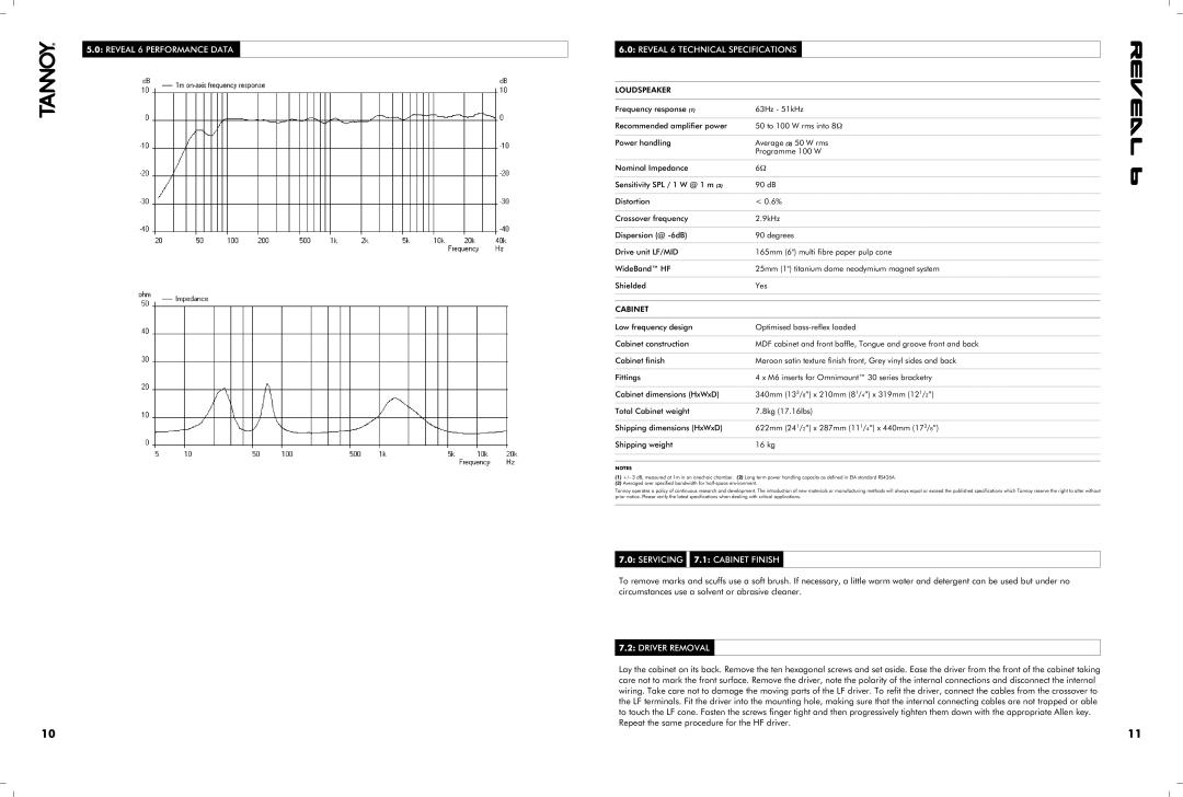 Tannoy 66 Reveal 6 Performance Data Reveal 6 Technical Specifications, Servicing 7.1 Cabinet Finish, Driver Removal 