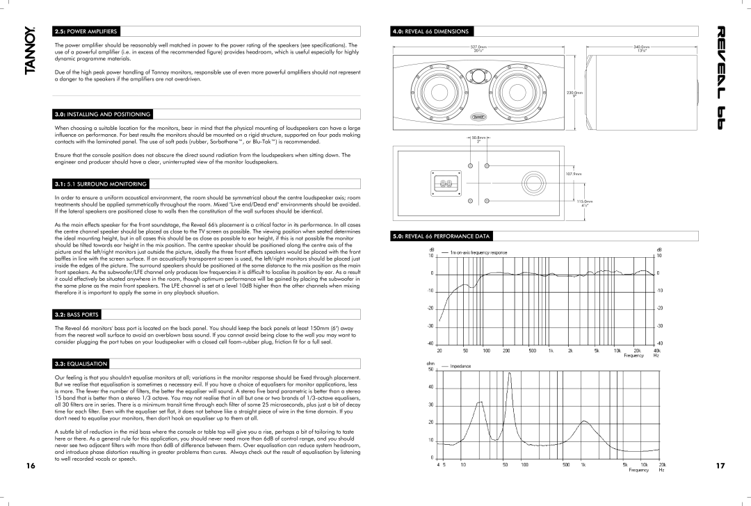 Tannoy Installing and Positioning, Surround Monitoring, Equalisation, Reveal 66 Dimensions, Reveal 66 Performance Data 