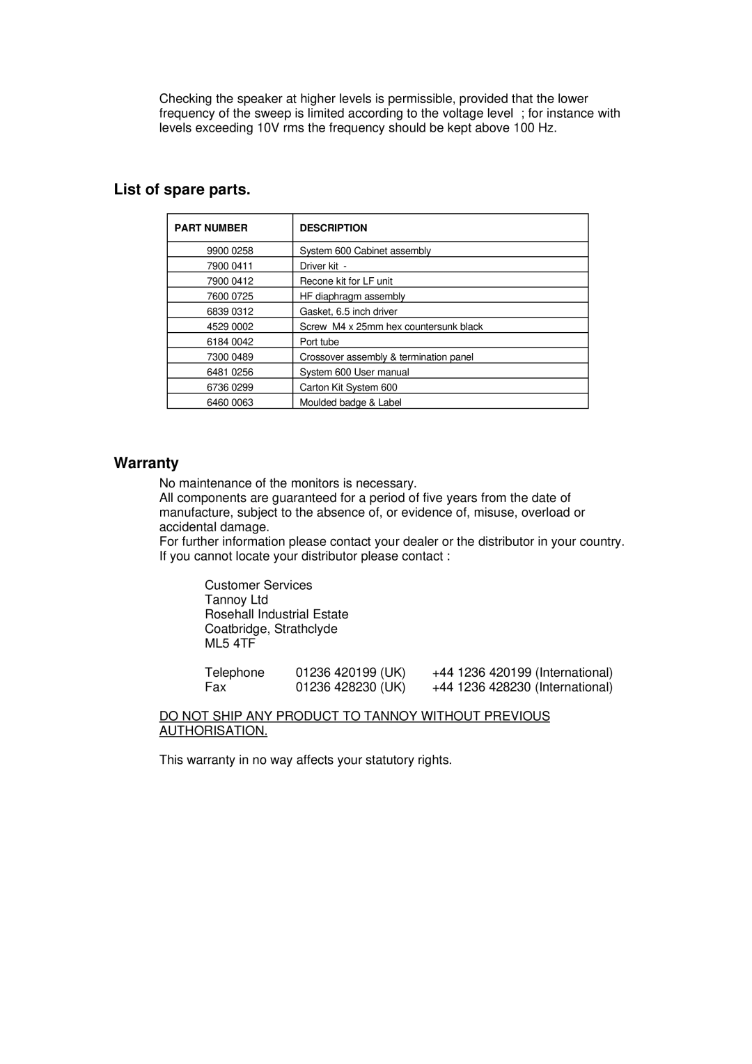 Tannoy 600 user manual List of spare parts, Warranty 