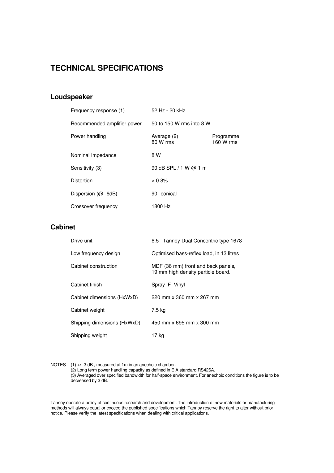 Tannoy 600 user manual Technical Specifications, Loudspeaker 