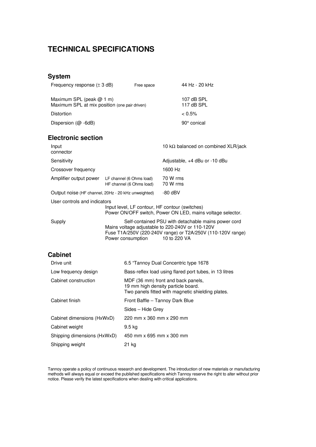 Tannoy 600A user manual System, Electronic section 